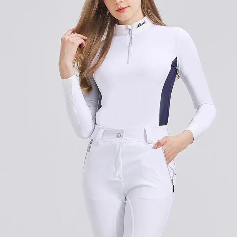 

Женские быстросохнущие футболки для верховой езды с длинным рукавом, белые, с воротником-стойкой на молнии, дышащие, для конного спорта
