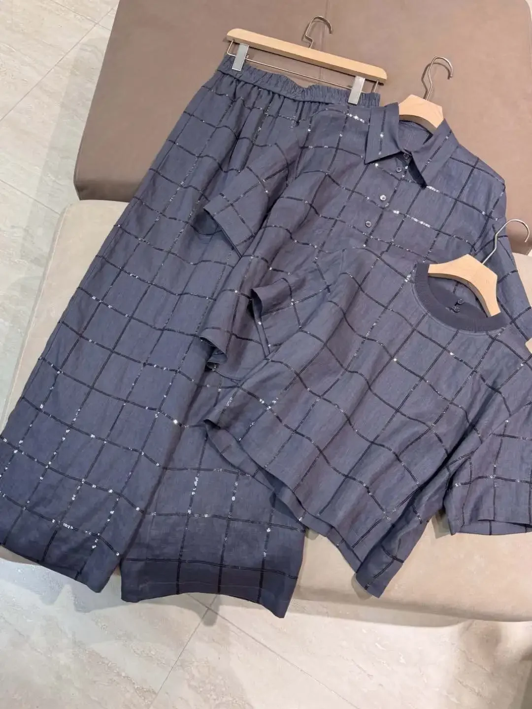 

Summer 2025 Women Sequin Linen 3-Piece Set Turn-down Collar Short Sleeve Blouse or O-Neck T-Shirt or Elastic Waist Long Pants