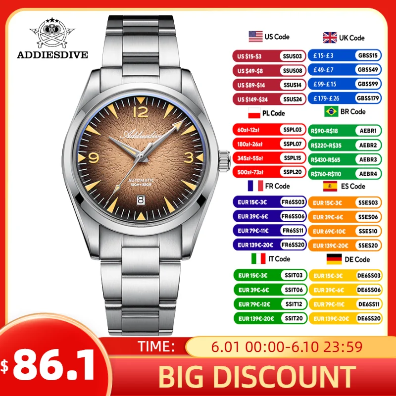 

ADDIESDIVE Men Watch New Automatic Mechanical 39mm Wristwatch 100m Waterproof Super Luminous AR Coated Domed Glass AD2508