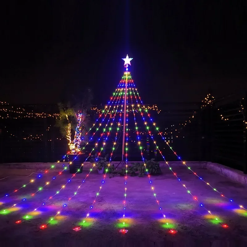 2025 Christmas Tree Topper Star Waterfall Lights Timer Outdoor Garden Memory Fairy String Lights Garland Holiday Lighting