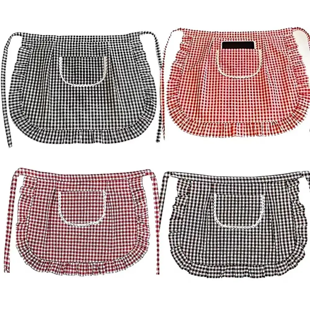 New Cotton Half-length Apron Breathable Square Check Cooking Work Clothes Stain-resistant Half Waist Apron for Cooking or Work