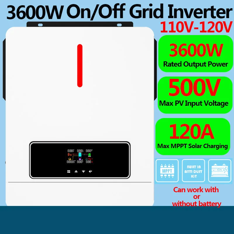 3600W Hybrid Inverter 24V Battery Pure Sine Wave On/Off Grid Inverter AC 110/120V MPPT 120A Max PV Input 500V PV Power 6500W