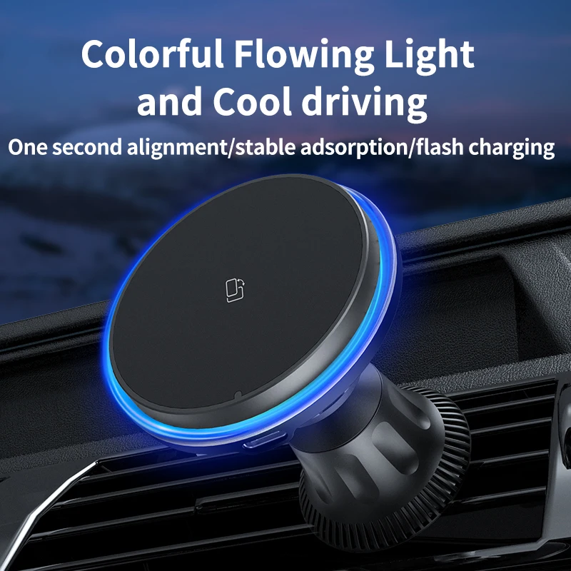 15W Fast Charging Car Charger Holder Magnetic Car Phone Holder Wireless Charger For iPhone 15 14 13 12 Pro Max Light Effect