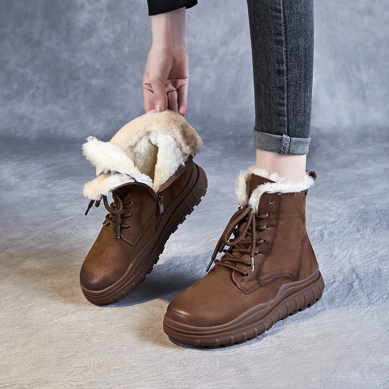 DRKANOL Winter Warm Snow Boots Women Handmade Retro Style Thick Bottom Real Genuine Leather Wool Fur Plush Platform Ankle Boots