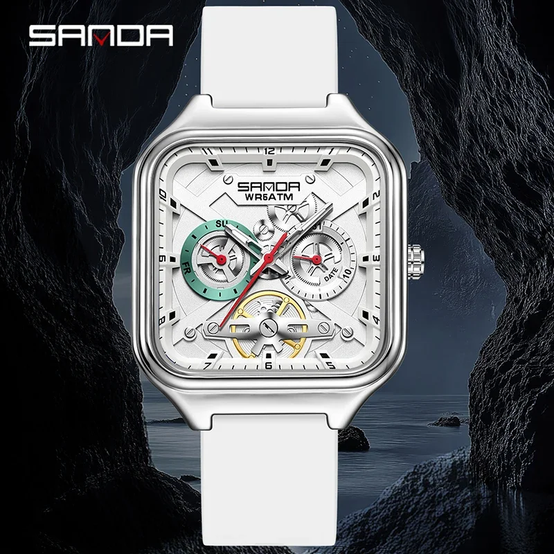 SANDA Nouvelle Montre Carrée Décontractée pour Homme, Tendance, Squelette Creux, Lumineuse, Étanche 5ATM, Chronographe Multifonction à Quartz