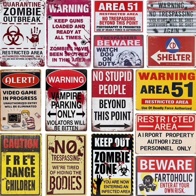 Warning Zombie Poster Danger Tin Signs Vintage Beware Of Dog No Parking No Trespassing Metal Plate Garden Home Wall Decor