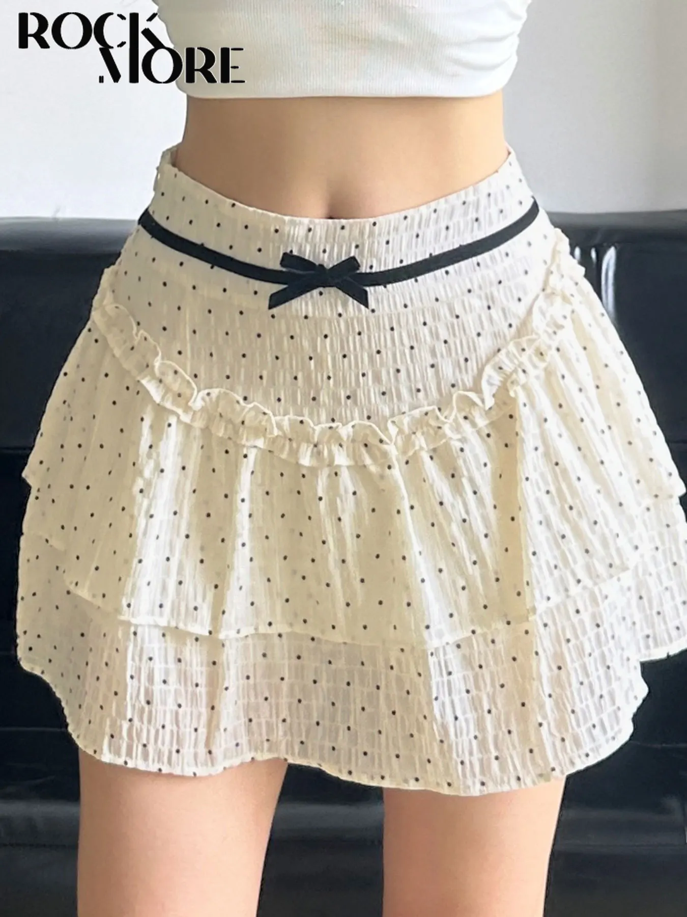 

Rockmore Korean Fashion Women Sweet Polka Dots Ruffle Mini Skirt Elegant Cake Skirt Bustier Y2K A-line Short Cute Casual Clothes