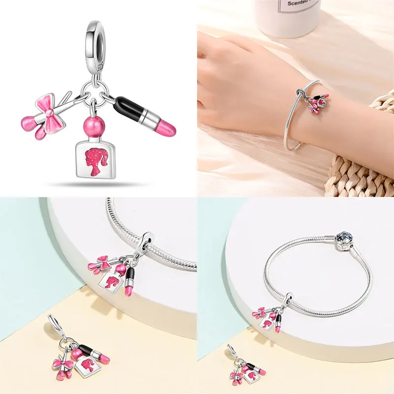 100% 925 Silver Hot Sale Pink Series Stars & High Heels Charms Fit 925 Original Bracelets DIY Jewelry Making For Women Gift view 5