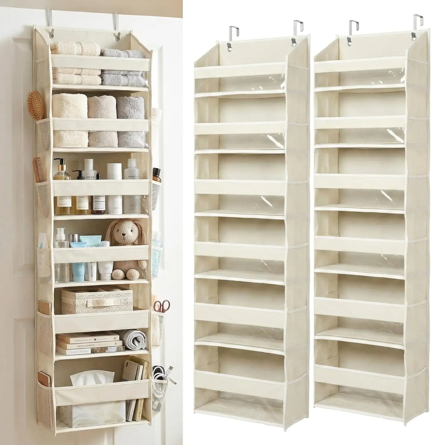 

6 Tiers Over The Door Organizer Hanging - 100D EXTRA THICK & 50lbs HUGE CAPACITY, 12 Side Mesh Pockets Over The Door Shoe Organizer, Hanging Closet Organizer (Ivory, 2pc)