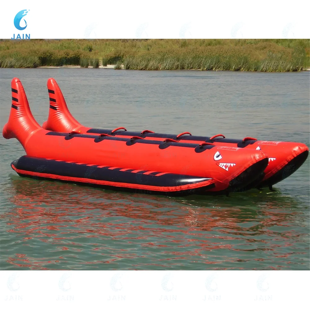 10-Player Red Shark Inflatable Flying Fish Banana Boat - Heavy-Duty Towable Water Game for Group Water Sports