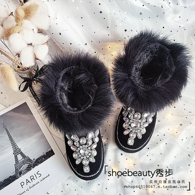 Handmade Custom Black Fur Luxury Rhinestones Snow Ankle Boots Woman Winter 2022 New In Crystal Diamonds Warm Plush Winter Shoes