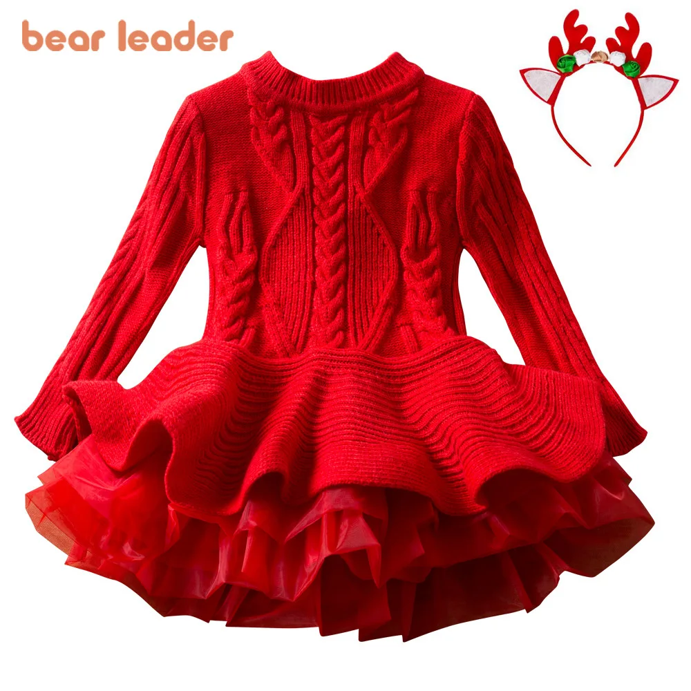 

Красные платья для девочек Bear Leader, осенне-зимнее вязаное платье принцессы с длинными рукавами, детская одежда для рождественской вечеринки + повязка на голову
