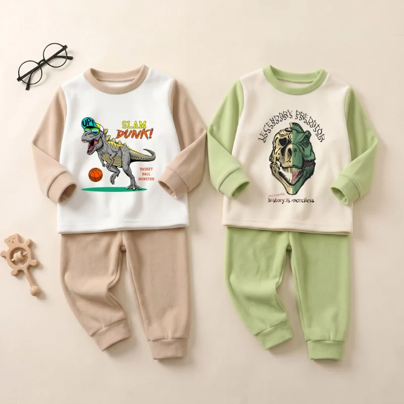 Thikcen Warm Kids Soft Fleece Sleepwear Sets Children's Fashion Dinosaur Printed Pajamas Autumn Winter Home Clothing Two Piece