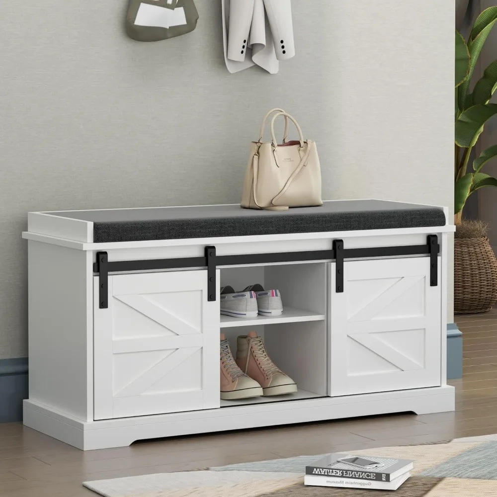 

Shoe Storage Bench, 2-Tier Farmhouse Entryway Bench with Sliding Barn Door Storage Cabinets & Full Soft Removable Seat Cu