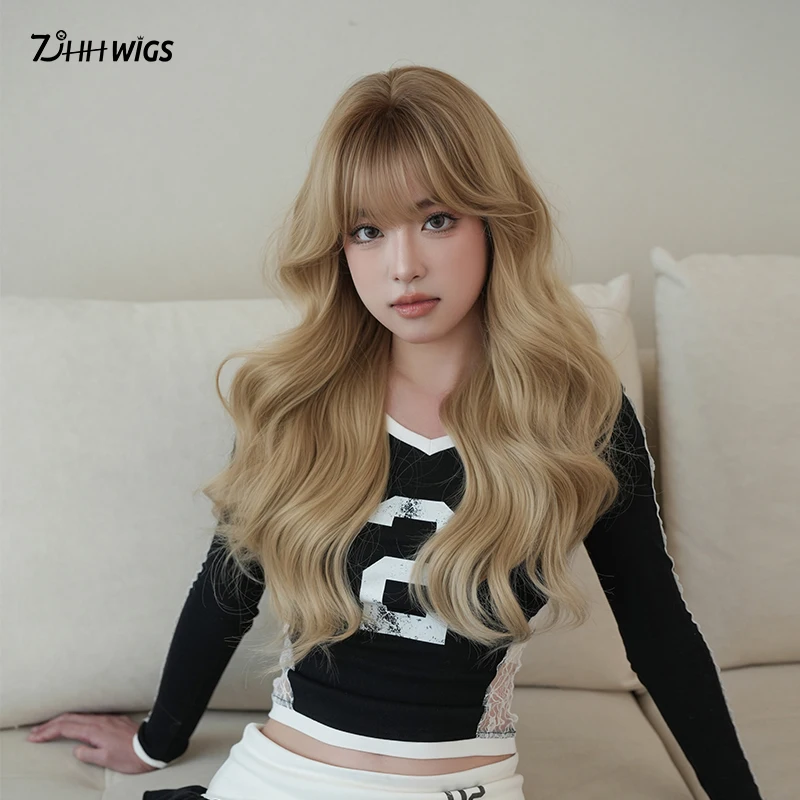 

Long Loose Curly Golden Wigs with Dark Roots High Layered Fluffy Heat Resistant Synthetic Wigs for Women Daily Party Use