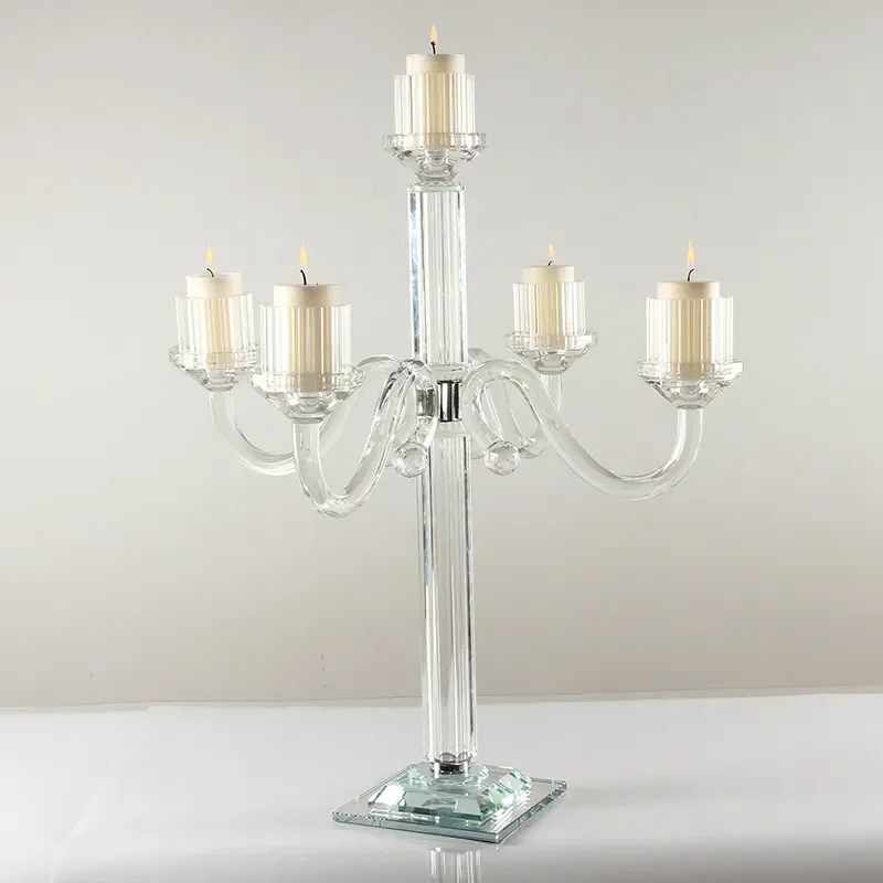 Elegant 5 Arm Crystal Candelabra Clear Glass Candle Holder European Style Centerpiece for Wedding Party Table Decoration Home