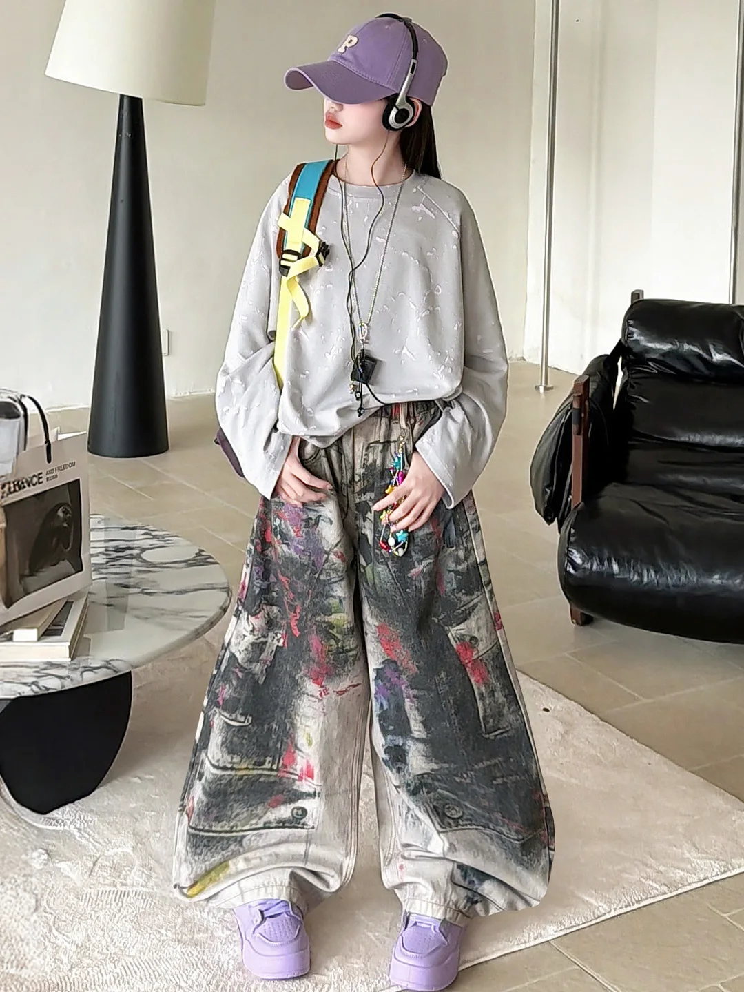 

Spring Casual Children's Outfit Girls' Wide Leg Pants Long Sve Two Piece Set Faionable High Waist Cotton Comfortable