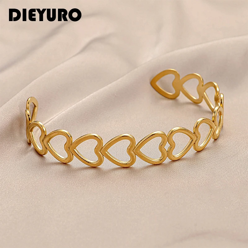 DIEYURO 316L Stainless Steel Hollow Out Heart Bangles For Women Fashion Gold Silver Color Women\'s Bangle Party Girl Jewelry