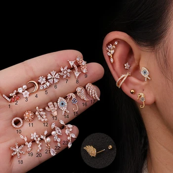 1 adet 20G paslanmaz çelik düğme küpe sarmal vücut Piercing takı moda ay hayvan bitki Cz kulak lob Tragus Daith kıkırdak