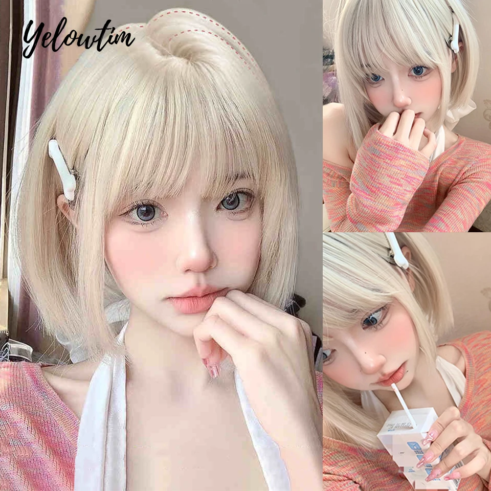 

Hot Sale Of Synthetic Fiber Wig Female Light Blonde Bob Short Straight Hair Tail a Knife High Temperature Silk Full Head Set Wig