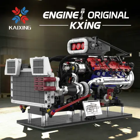 KAIXING American V8 Mechanical Engine Model Building Blocks Kit Assembly Desktop Collectible Ornament Toy Boy Birthday Gift 6219