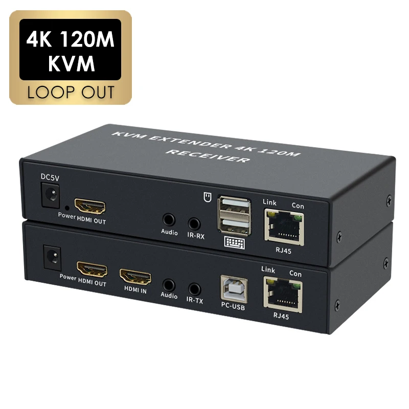 

4K HDTV 120M KVM Extender HDMI-Compatible USB-A Keyboard Mouse 3.5mm AUX Aluminium Alloy Over CAT6 RJ45 Lan Ethernet Extender