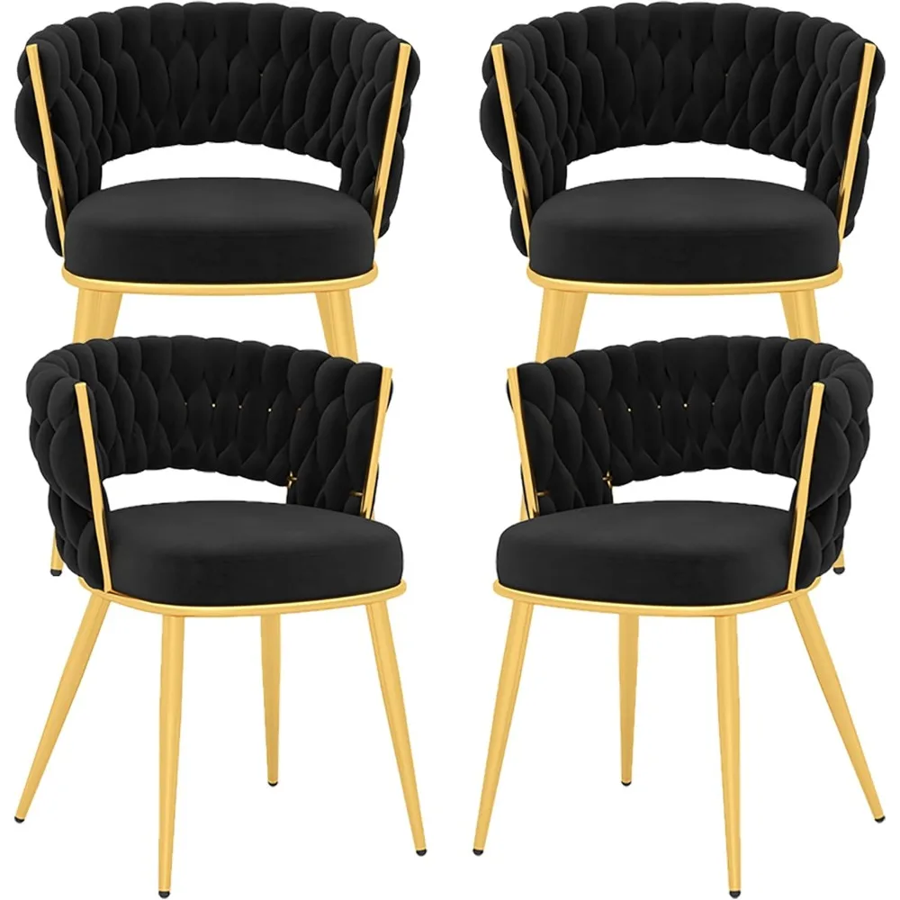 Velvet Dining Chairs Set of 4, Gold Modern Chair with Metal Legs, Woven Upholstered Chairs for Dining Room