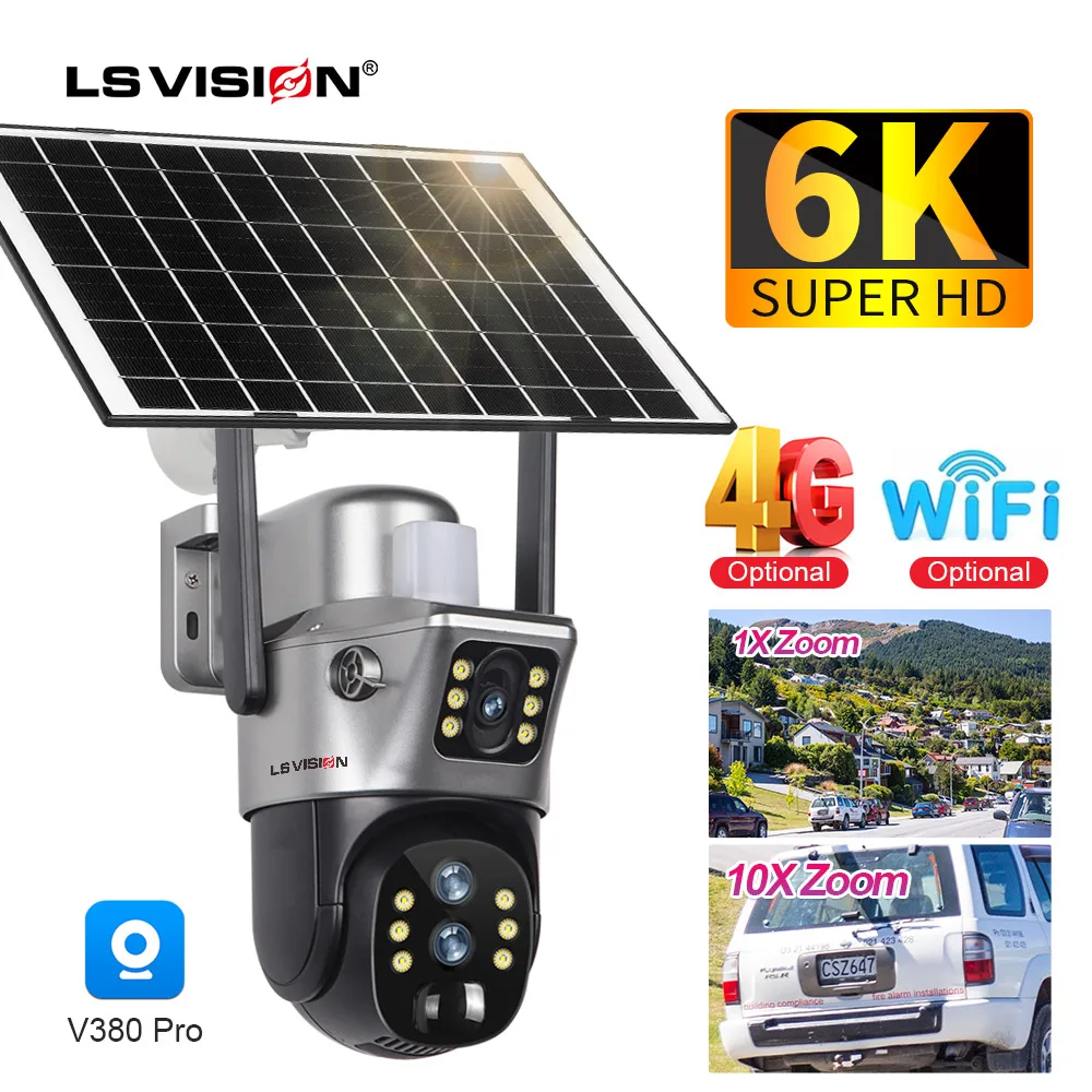 LS VISION 12MP 4G/WiFi Dual Screen Solar Camera Outdoor 10X Zoom 6K Three Lens Human Auto Tracking Surveillance Camera V380 Pro