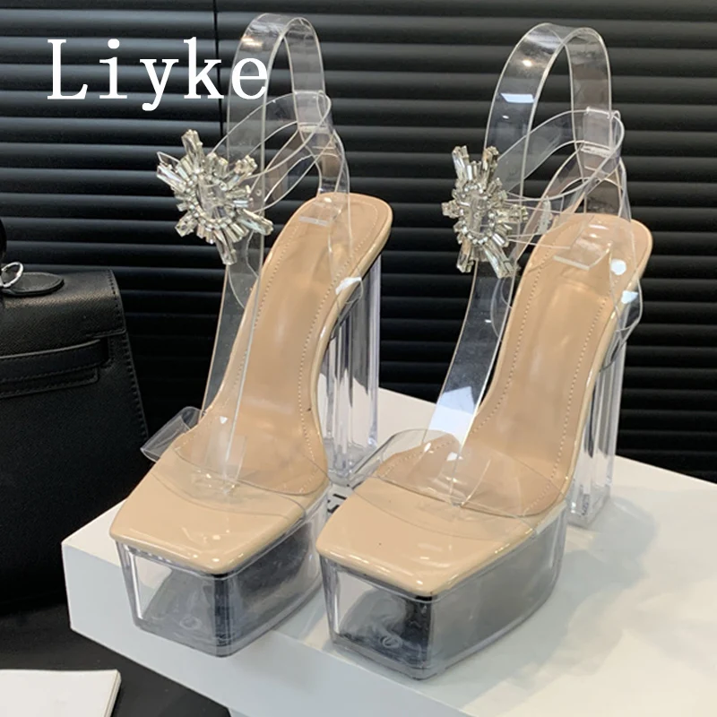 Liyke-salto alto plataforma para mulheres, fivela de strass, alça de tornozelo robusto, estilo pista, sandálias transparentes senhoras, casamento, sapatos de baile