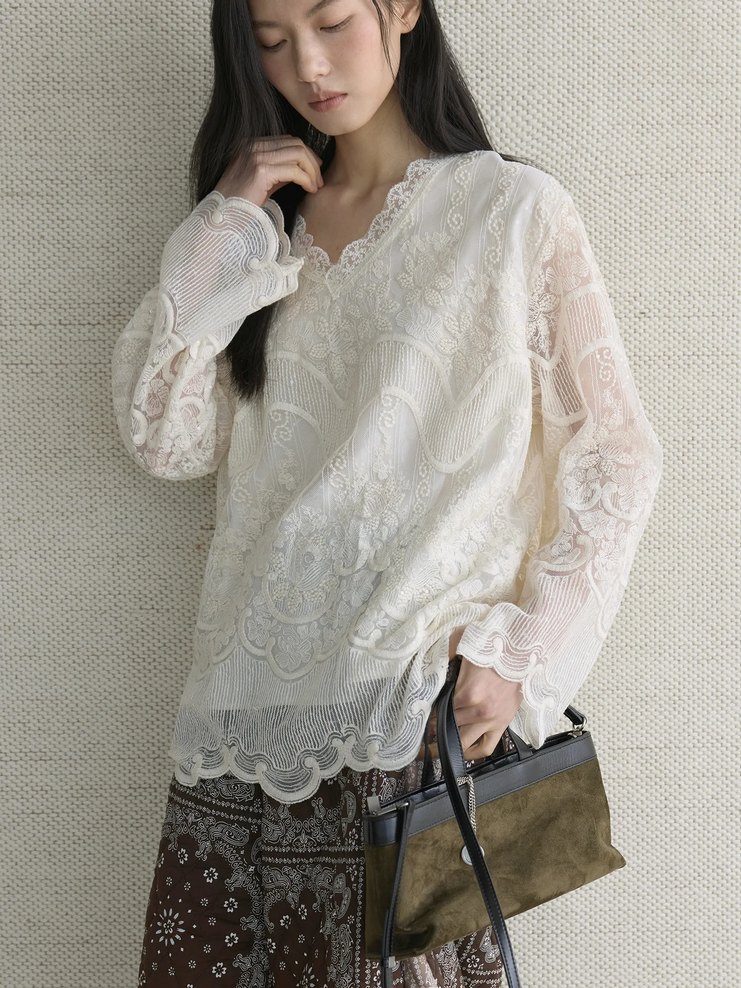 Early spring new style French style lace V-neck double-layer lined translucent shirt embroidered top for women