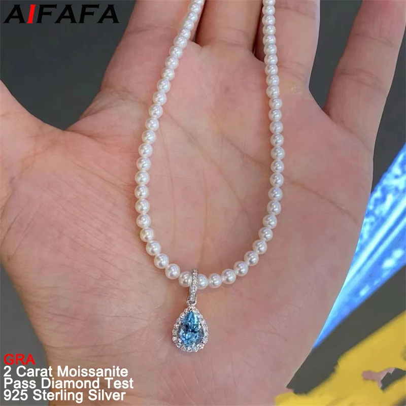 New 2 Carat Water Drop Moissanite Pendant Necklace Blue White Moissanita s925 Silver Pearl Neck Chain Jewelry Pass Diamond Test