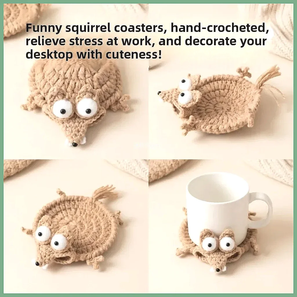 Handwoven Animal Crochet Cup Coaster, Creative Coffee Mat for Home Table Tea Decor, Cute Desk Decoration Gift, Absorbent Fini