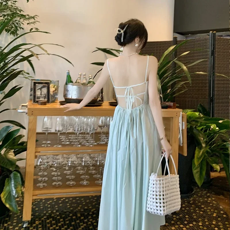 Backless Suspender Dress Female Summer Waist Thin Fairy Beach Skirt Seaside Vacation Style Long Skirt