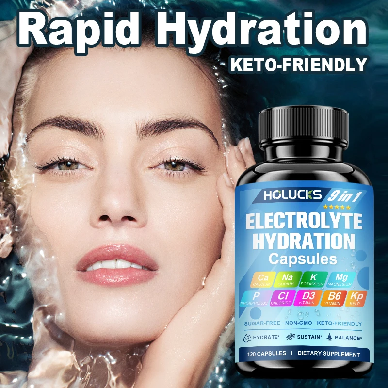 

Капсулы для электролитной гидратации HOLUCKS 9-в-1 с розовой гималайской солью, способствующие кетогенной гидратации, выносливости и восстановлению для взрослых.