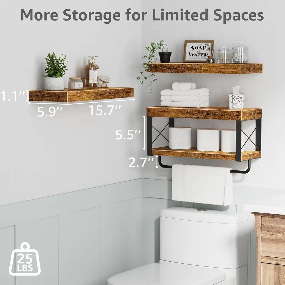 Over-the-Toilet Floating Shelves Set, 16 Farmhouse Style, Rustic Brown, 3-Piece Toilet Paper Storage