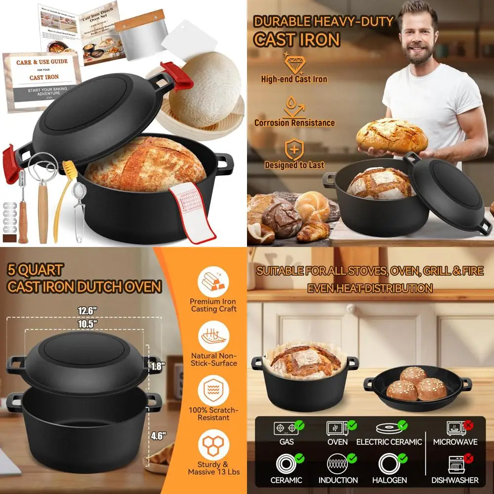 

Cast Iron Dutch Oven for Bread Baking and Banneton Proofing Basket, 2-in-1 Pot for Sourdough and Artisan Bread Supplies