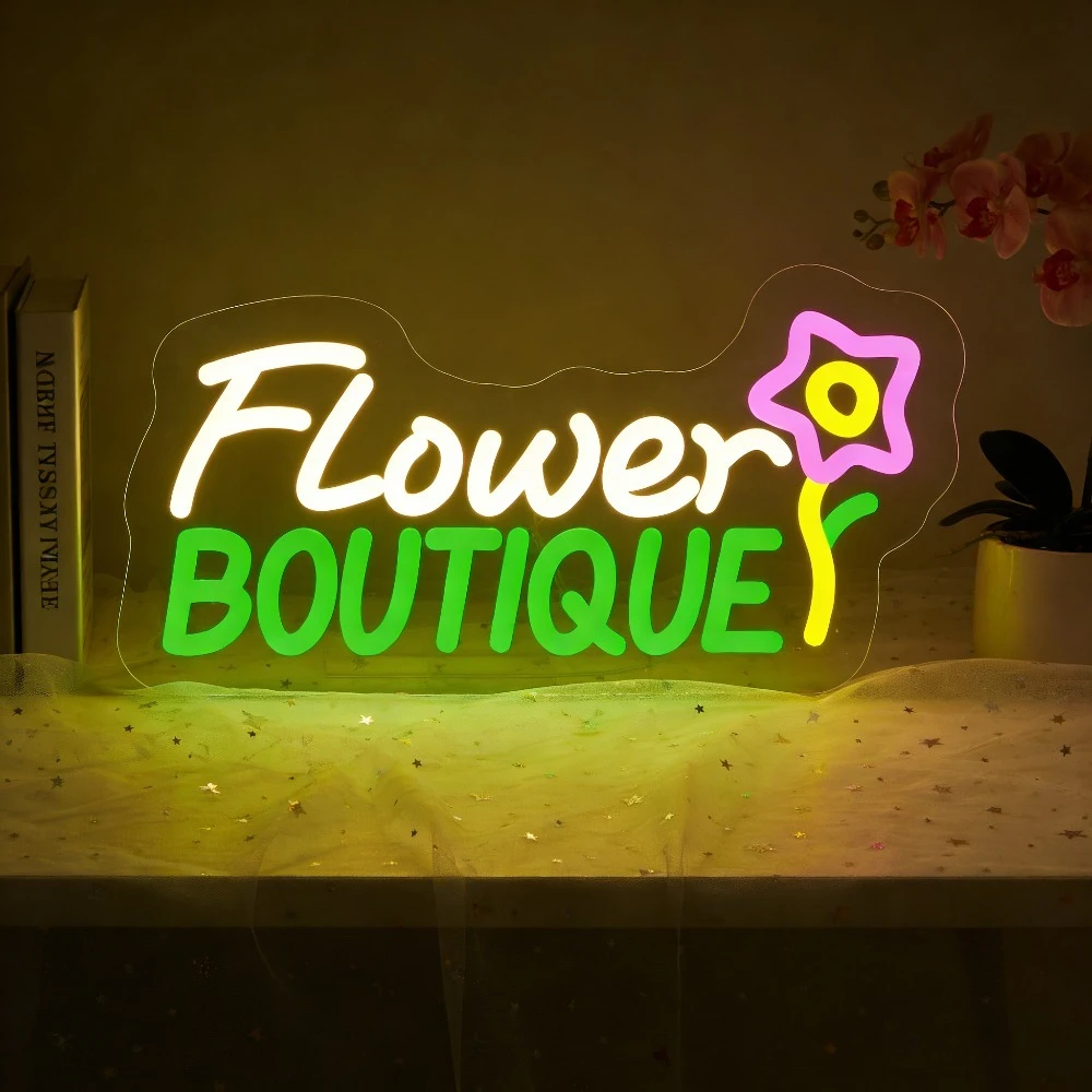 

Светодиодная неоновая вывеска Flower BOUTIQUE для домашнего декора, витрин магазинов, бутиков, романтическое цветочное настенное искусство, атмосферное освещение, подарок