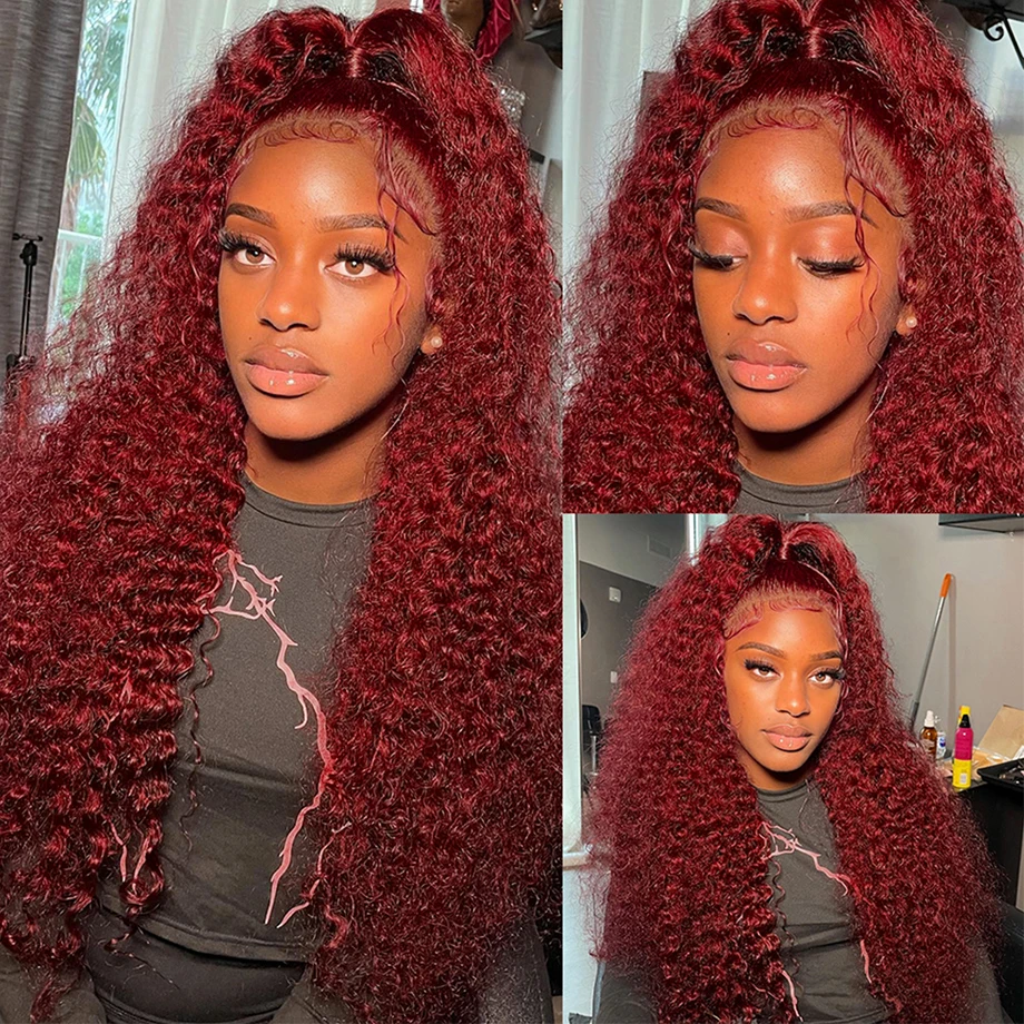 Wig Frontal rambut manusia Burgundy renda Wig berwarna untuk wanita Brazilian 13x6 gelombang dalam 40 inci gelombang air renda Wig depan