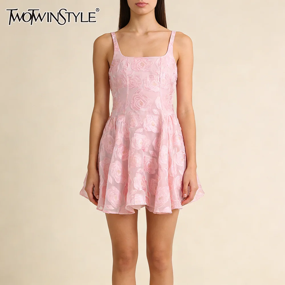 TWOTWINSTYLE Elegant Stylish Pink Floral Jacquard Mini Dresses for Women Sleeveless Square Neck Flowy Dress for Romantic Dates
