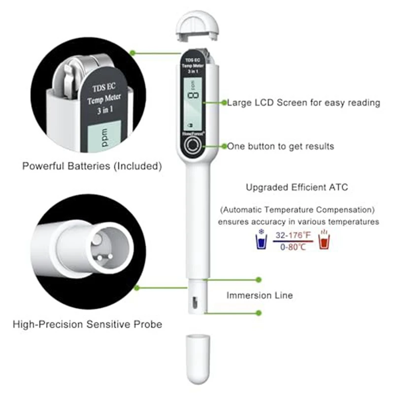 Misuratore TDS, misuratore EC, termometro 3 In 1, misuratore TDS di precisione Tester digitale dell'acqua, sempre accurato a varie temperature durevole