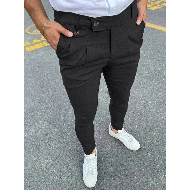 2026 Spring Summer New Casual Suit Trousers Men Vintage Solid Color Slim Pencil Pants Fashion Button Waist Design Mens Trousers