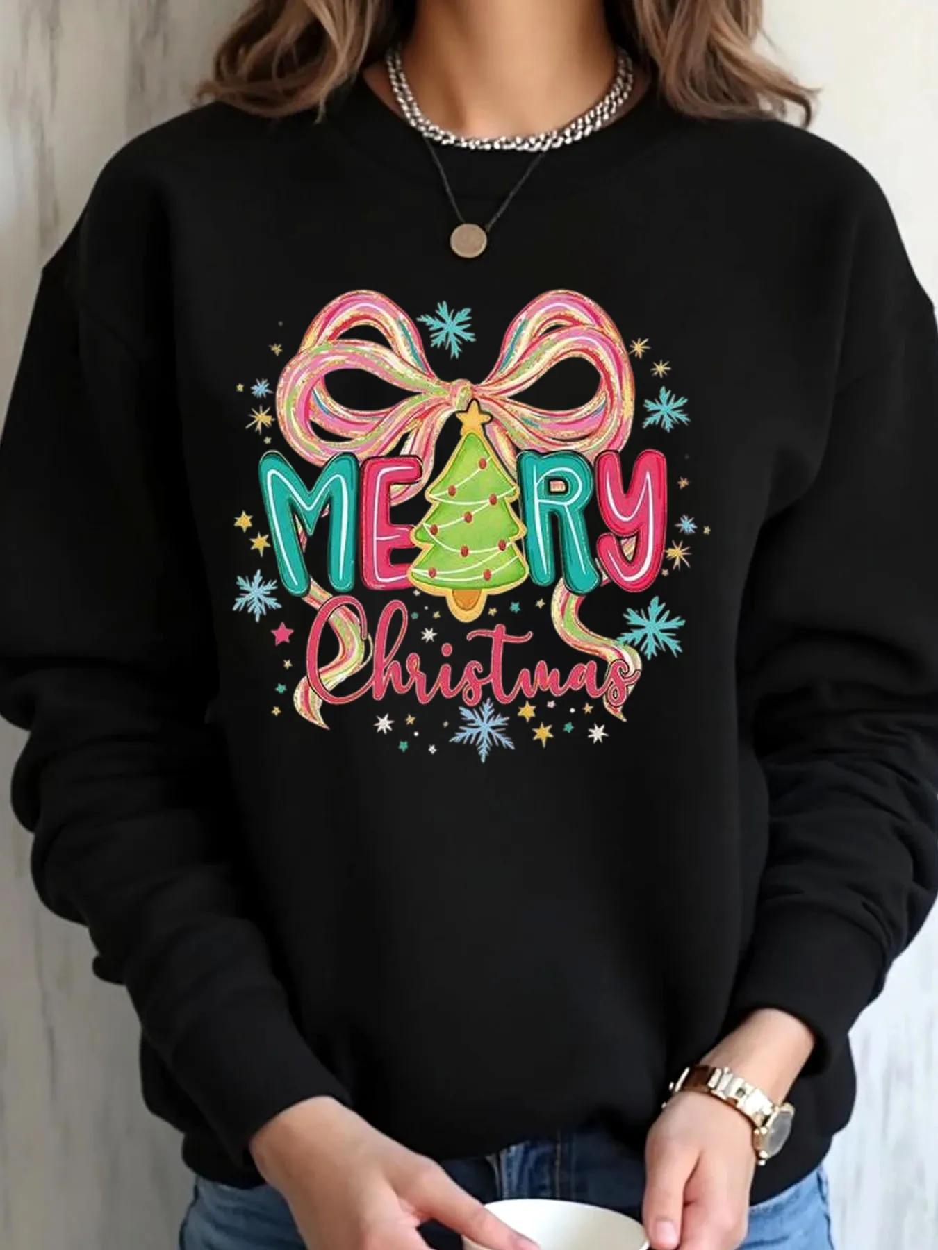 

Women Oversized Sweatshirt Christmas Bow Tree Merry Christmas Print Outdoor Wear