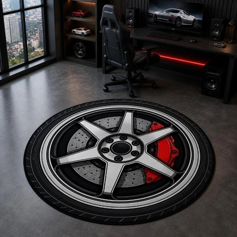 Round Area Rug Car Wheel Printed Non Slip Floor Mat for Gaming Room Decorative Soft Home Carpet Area Rug