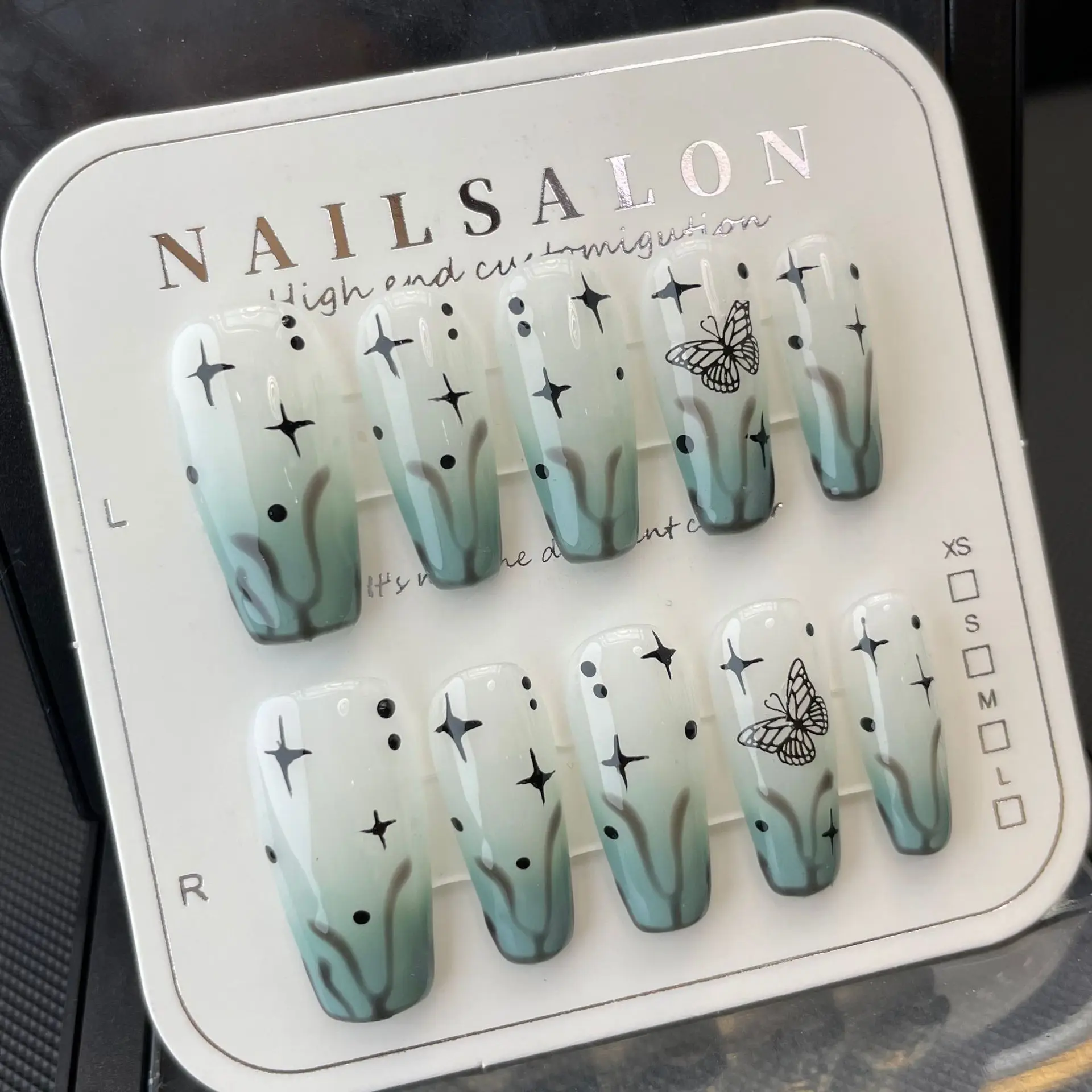 

10Pcs Green Handmade Press On Nails Staining Gradient Wearable False Nails French Decoration Ballerina Full Cover Nail Tips Art