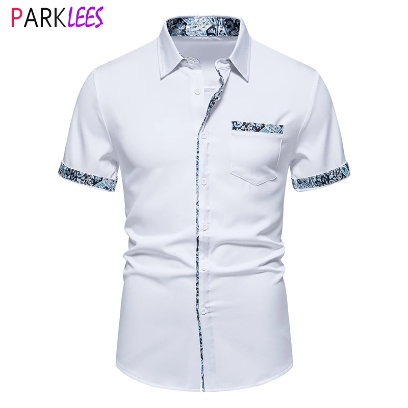 

2024 Summer Stylish Paisley Patchwork Shirt for Men Short Sleeve Slim Fit Mens Dress Shirts Casual Social Wedding Chemise Homme