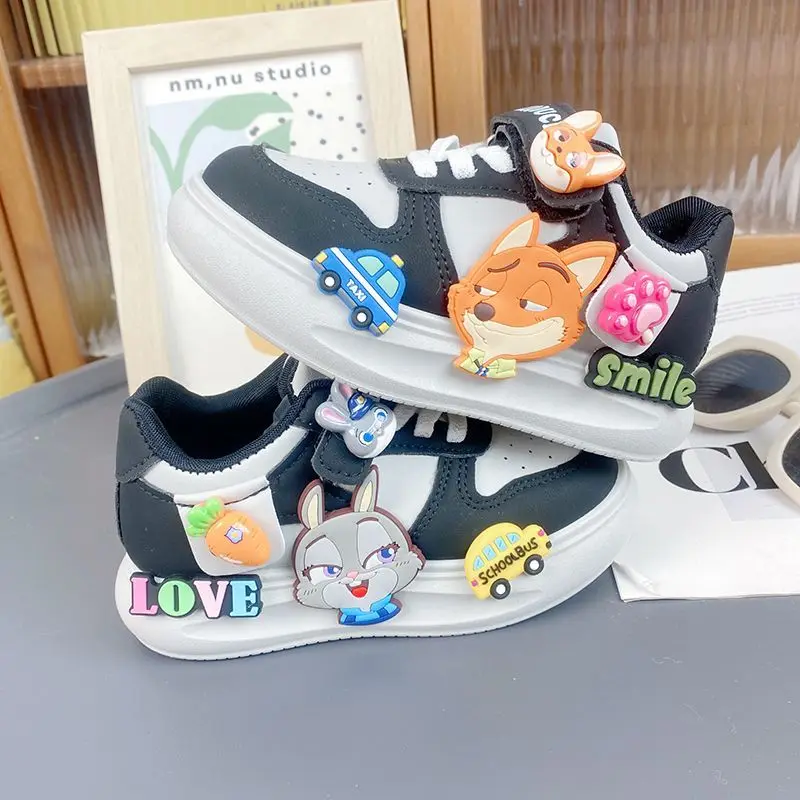 

Детские белые кроссовки Zootopia с мультяшным принтом, весна 2026, новые кеды на плоской подошве для школьников