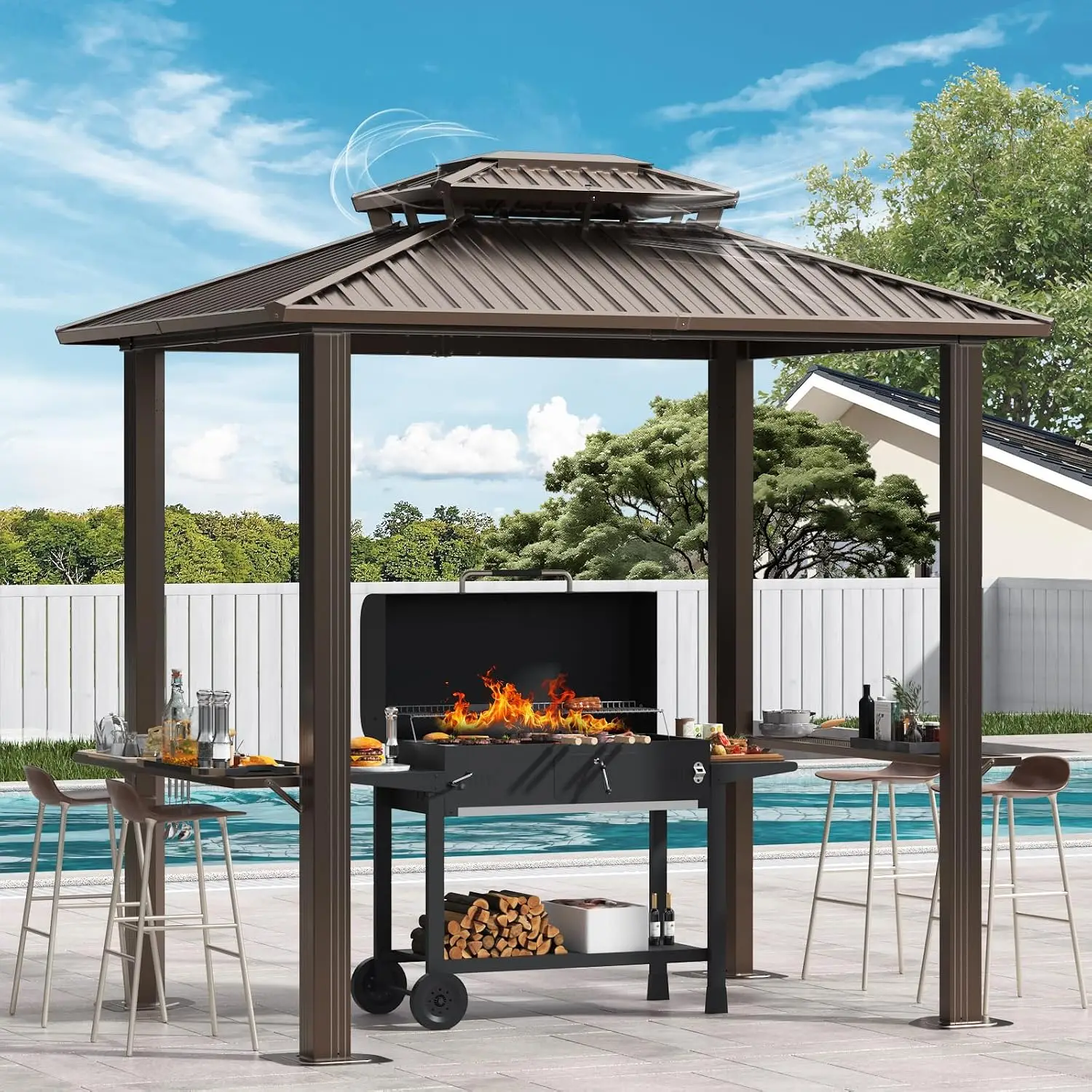 6x8FT Grill Gazebo with Galvanized Steel Double Roof, Aluminum Frame, 2 Side Shelves for Patio Deck Backyard, Brown, Customized