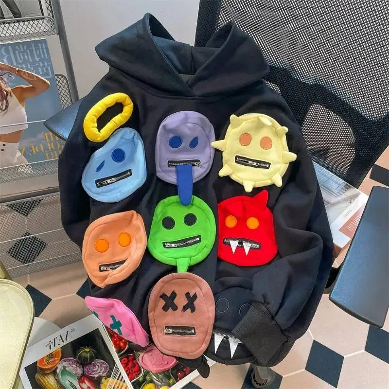 BabYoung American Retro Demon Smiling Face Sweatshirts Sweet Thicked Warm Hoodie Tops Y2k E-Girl Long Sleeve Sweatshirt Women