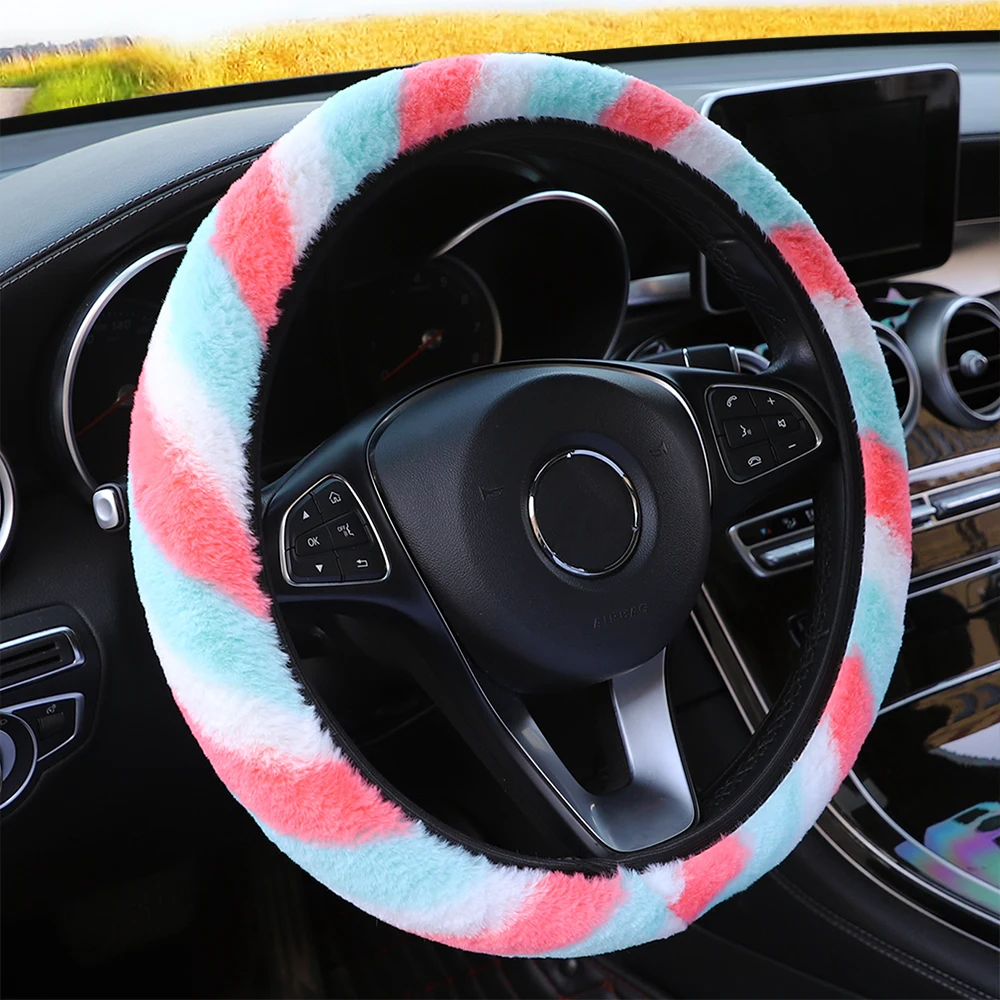 Warm Women's Hand Colored Striped Plush Steering Wheel Cover 14.5-15 Inch Car Interior Winter Accessory Soft Rimless Design