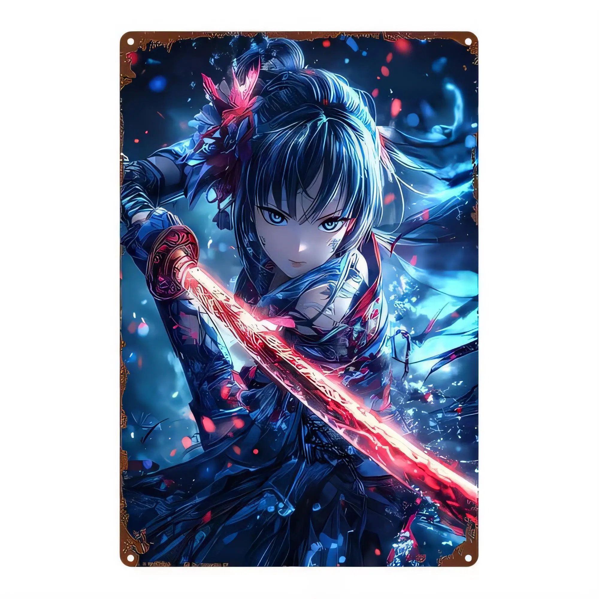 Tin Sign Anime Samurai Girl Sword Neon Blue Wall Decor Metal Plaque Vintage Retro Painting for Bedroom Bar Garage Office Home De